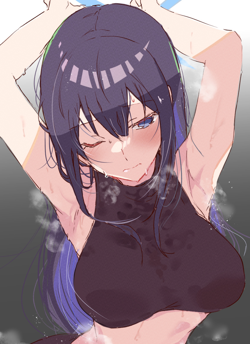 1girl arito_arayuru armpits arms_up bangs blue_archive blush breasts curvy gradient gradient_background highres large_breasts long_hair messy_hair midriff midriff_peek one_eye_closed purple_eyes purple_hair saori_(blue_archive) simple_background sleeveless stained_clothes steam steaming_body sweat sweaty_clothes upper_body