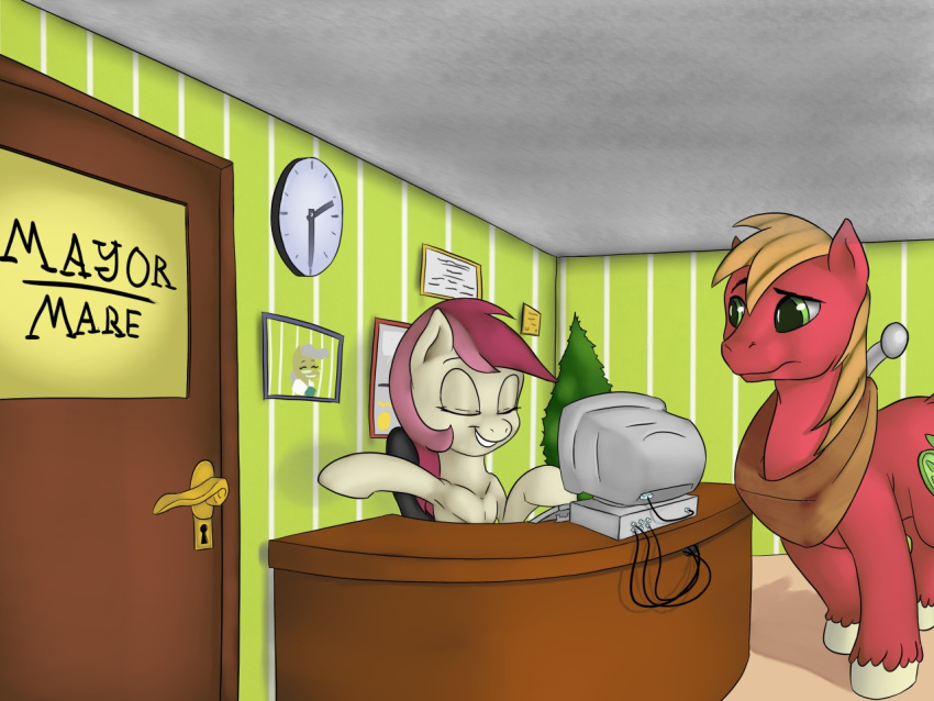 arm_spreader big_macintosh_(mlp) clock computer duo earth_pony equid equine female feral friendship_is_magic hasbro horse houseplant inside male male/female mammal my_little_pony office pony restraints rose_(mlp) shdingo spreader_bar yoke_(restraint)