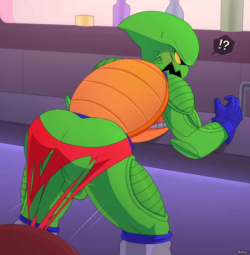 absurd_res alien anthro balls butt clothing f-zero genitals green_body hi_res ikouzhy male nintendo pico_(f-zero) presenting presenting_hindquarters speedo swimwear torn_clothing video_games yellow_eyes