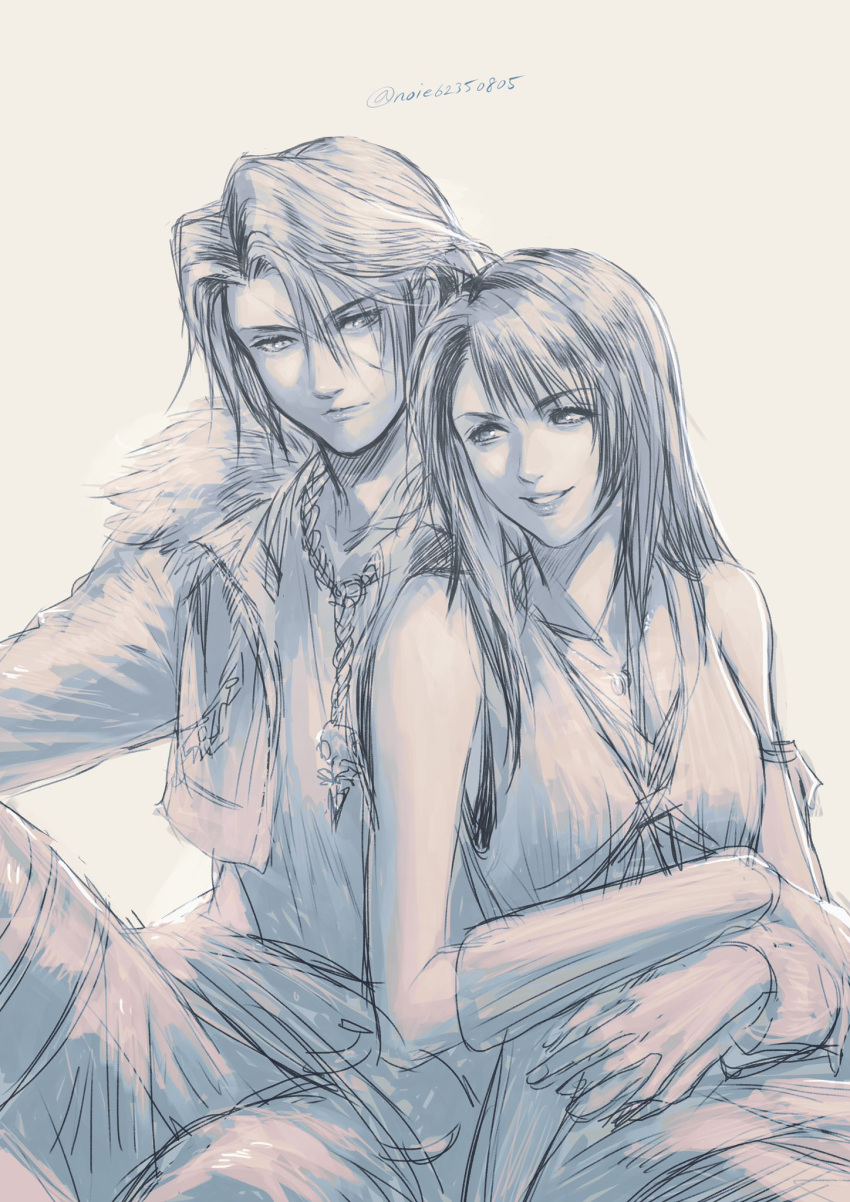 1boy 1girl arm_around_waist arm_warmers bangs bare_shoulders breasts cardigan chain_necklace couple cowboy_shot cropped_jacket final_fantasy final_fantasy_viii fur_collar hair_between_eyes hetero highres holding_hands jewelry long_hair long_sleeves medium_breasts necklace noie_(neunteedelstein) pants parted_bangs parted_lips rinoa_heartilly scar scar_on_face scar_on_forehead sepia short_hair sitting sketch smile squall_leonhart thigh_strap twitter_username