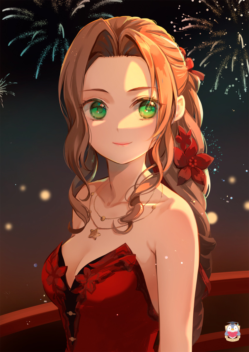 1girl aerith_gainsborough bangs bare_arms breasts bridge brown_hair cleavage collarbone dress duplicate final_fantasy final_fantasy_vii final_fantasy_vii_remake fireworks flamenco_dress flower green_eyes hair_flower hair_ornament hair_ribbon highres jewelry kamui_(kamuikaoru) long_hair looking_to_the_side medium_breasts multiple_necklaces necklace official_alternate_costume outdoors parted_bangs pixel-perfect_duplicate ponytail red_dress red_flower red_ribbon ribbon sidelocks smile solo star_(symbol) star_necklace strapless strapless_dress upper_body wavy_hair
