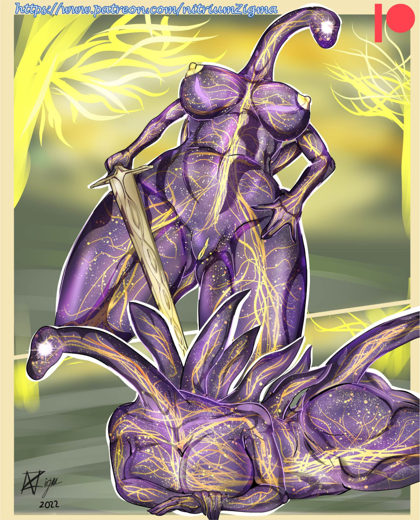 2022 biped butt deity digital_media_(artwork) elden_beast_(elden_ring) elden_ring female fromsoftware genitals hand_on_hip hi_res holding_object holding_sword holding_weapon low-angle_view lying melee_weapon monster nipples nitriumzigma on_front purple_body pussy solo sword video_games weapon yellow_body yellow_nipples yellow_pussy