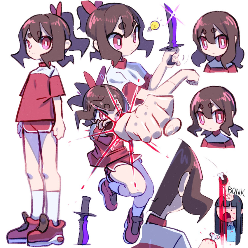 ._. 2girls :o bangs black_hair blood blue_shirt brown_hair cartoon_bone closed_mouth collared_shirt dagger doomsdaily333 dotted_line hair_between_eyes hair_ribbon highres holding holding_dagger holding_weapon knife light_bulb long_hair low_twintails multiple_girls multiple_views open_mouth original pink_eyes planted ponytail red_footwear red_ribbon red_shirt red_shorts ribbon rocket_punch shirt shoes short_eyebrows short_shorts short_sleeves shorts simple_background socks thick_eyebrows twintails very_long_hair weapon white_background white_socks