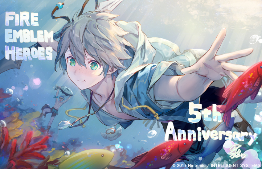 2boys animal anniversary azu-taro bishounen brown_hair character_request english_text fire_emblem fire_emblem_heroes fish glasses green_eyes holding holding_animal holding_breath holding_fish jewelry male_focus male_swimwear multiple_boys necklace short_hair swim_trunks swimming swimsuit underwater water