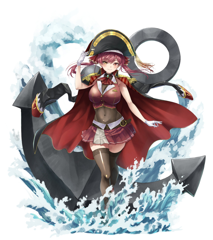 1girl absurdres anchor anno_masato belt breasts coat coat_on_shoulders covered_navel epaulettes gloves hat heterochromia highres hololive houshou_marine large_breasts leotard leotard_under_clothes pirate_hat pleated_skirt red_eyes red_hair skirt smile thighhighs twintails virtual_youtuber water white_gloves yellow_eyes