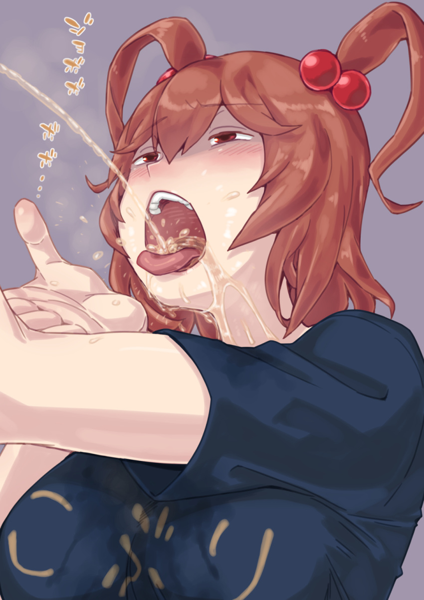 1girl bangs blue_shirt blush breasts commentary_request cookie_(touhou) drinking_pee hair_bobbles hair_ornament highres large_breasts man_(man-room) onozuka_komachi open_mouth pee red_eyes red_hair shaded_face shirt shishou_(cookie) short_hair short_sleeves solo tongue tongue_out touhou two_side_up upper_body