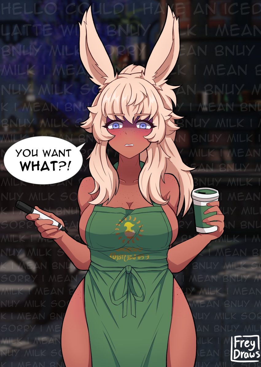 1girl absurdres animal_ears apron artist_name bangs blonde_hair blue_eyes blurry blurry_background blush breasts character_request cleavage collarbone copyright_request freckles freydraws highres holding iced_latte_with_breast_milk_(meme) large_breasts long_hair looking_at_viewer marker meme naked_apron parted_lips solo speech_bubble straight-on tareme thick_thighs thighs