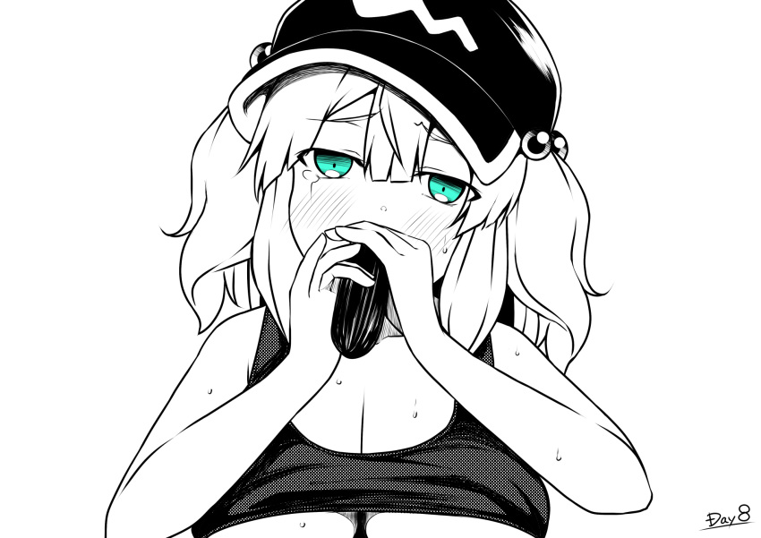 1girl bangs blue_eyes blush breasts cleavage commentary_request crop_top cucumber fellatio flat_cap greyscale hair_bobbles hair_ornament hat highres kagiyama_pandra kawashiro_nitori large_breasts looking_at_viewer medium_hair monochrome oral phallic_symbol sidelocks simple_background simulated_fellatio solo tank_top touhou two_side_up underboob upper_body