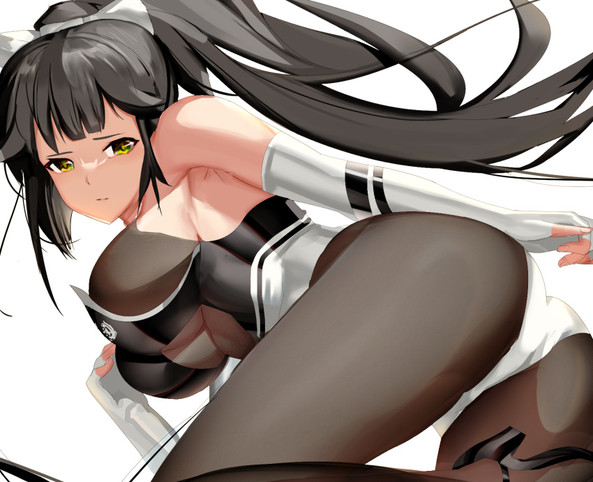 1girl azur_lane black_footwear black_hair bodystocking breasts hair_flaps high_heels highres large_breasts long_hair looking_at_viewer multicolored_leotard official_alternate_costume pantyhose penggan race_queen ribbon shoes simple_background solo takao_(azur_lane) takao_(full_throttle_charmer)_(azur_lane) two-tone_leotard unitard very_long_hair white_background white_ribbon