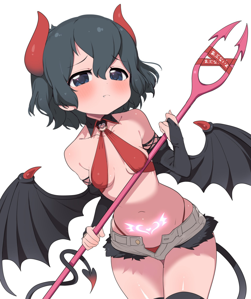 1girl alternate_costume black_hair black_thighhighs blue_eyes blush breasts cleavage closed_mouth collarbone demon_girl demon_horns demon_tail demon_wings fang grey_shorts highres horns kaban_(kemono_friends) kemono_friends looking_at_viewer navel pitchfork ransusan shiny shiny_hair shiny_skin short_hair shorts simple_background slingshot_swimsuit small_breasts solo swimsuit tail thighhighs white_background wings