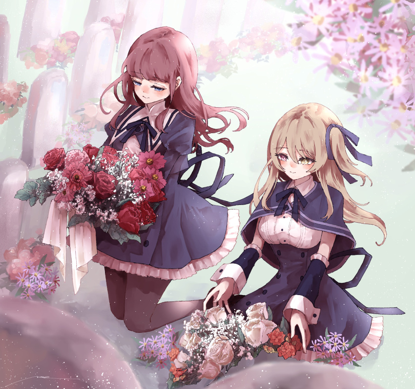 2girls absurdres amahara_nue artist_name assault_lily bangs black_capelet black_ribbon black_skirt blue_eyes blurry blurry_foreground blush bouquet breasts brown_hair brown_pantyhose buttons capelet closed_mouth collared_shirt commentary_request commission cropped_jacket day detached_sleeves floating_hair flower frilled_skirt frills from_above hair_between_eyes hair_ribbon half-closed_eyes heterochromia high-waist_skirt highres holding holding_bouquet juliet_sleeves kaede_johan_nouvel kneeling kuo_shenlin large_breasts light_brown_hair light_particles long_hair long_sleeves looking_at_flowers looking_at_object looking_down miniskirt multiple_girls neck_ribbon on_ground one_side_up outdoors outstretched_arms pantyhose pink_eyes pink_flower puffy_sleeves purple_flower red_flower ribbon school_uniform shirt sidelocks signature sitting skeb_commission skirt tombstone wavy_hair white_flower white_shirt yellow_eyes yellow_flower yurigaoka_girls_academy_school_uniform