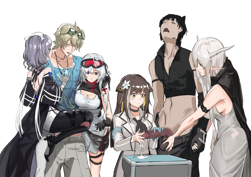 2boys 4girls absurdres arknights breasts broca_(arknights) caijidayisheng caressing_testicles cleavage cum cum_in_container cum_in_cup cum_on_hands ejaculation folinic_(arknights) handjob highres holding_hands kneepit_sex mulberry_(arknights) multiple_boys multiple_girls shining_(arknights) tequila_(arknights) testicles whisperain_(arknights) white_background