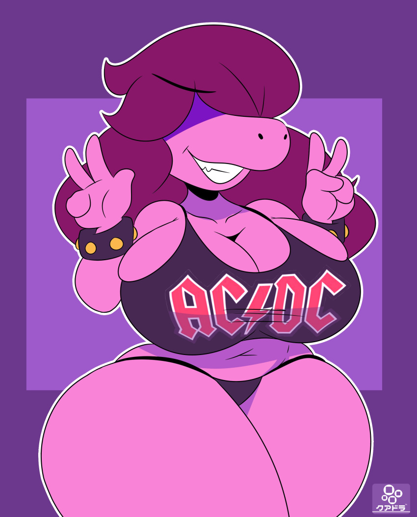 2022 absurd_res anthro big_breasts breasts cleavage clothed clothing cuadra_side deltarune dinosaur double_v_sign female gesture hair hair_over_eyes hi_res huge_breasts huge_thighs midriff navel panties purple_body purple_hair reptile scalie simple_background smile solo susie_(deltarune) thick_thighs undertale_(series) underwear v_sign video_games