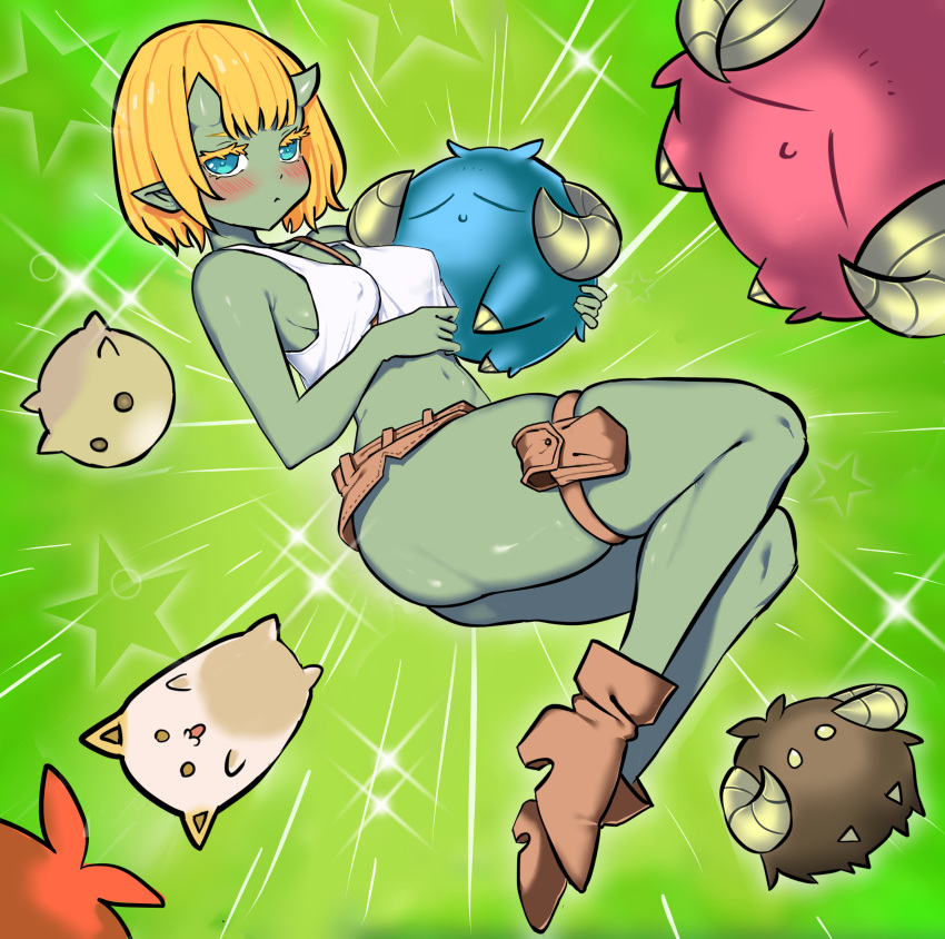 blonde_hair blue_eyes blush breasts colored_skin crop_top duel_monster english_commentary female_goblin genderswap genderswap_(mtf) goblin green_skin highres horns looking_at_viewer midriff navel none_(44404247) scapeghost scapegoat sheep short_hair short_shorts shorts skindentation small_breasts star_(symbol) tank_top thighs token_collector_(yu-gi-oh!) yu-gi-oh!
