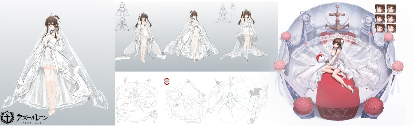 1girl absurdres alternate_hairstyle azur_lane bouquet bridal_garter bridal_veil bride brown_hair chinese_commentary closed_mouth commentary_request concept_art congqian_you_ke_xing copyright_name detached_sleeves dress expressions flower glasses hair_bun high_heels highres incredibly_absurdres london_(azur_lane) london_(platinum_ceremony)_(azur_lane) long_sleeves looking_at_viewer medium_hair official_art on_bed puffy_long_sleeves puffy_sleeves red_eyes red_flower red_rose rose semi-rimless_eyewear sitting sketch smile solo standing two_side_up veil wedding_dress white_dress white_footwear yokozuwari