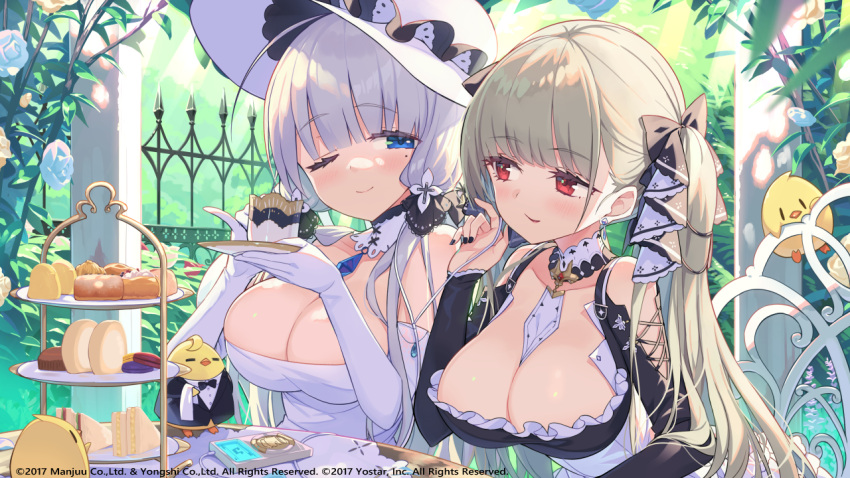 2girls azur_lane bangs bare_shoulders between_breasts bird black_dress black_nails blue_eyes blue_gemstone blunt_bangs blush breasts cake chair chick cleavage closed_mouth collarbone commentary_request cup dress earrings elbow_gloves fence food formidable_(azur_lane) frilled_dress frills gem gloves grey_hair hair_ornament hair_ribbon hand_up hat holding holding_cup illustrious_(azur_lane) jewelry lace-trimmed_headwear lace_trim large_breasts long_hair looking_at_another macaron manjuu_(azur_lane) mole mole_under_eye multiple_girls necktie necktie_between_breasts official_art one_eye_closed outdoors parted_lips red_eyes ribbon sandwich scone sidelocks sitting smile strapless strapless_dress sun_hat table tam-u teacup tiered_tray tree tress_ribbon tri_tails twintails two-tone_dress two-tone_ribbon upper_body very_long_hair white_dress white_gloves white_hair white_headwear
