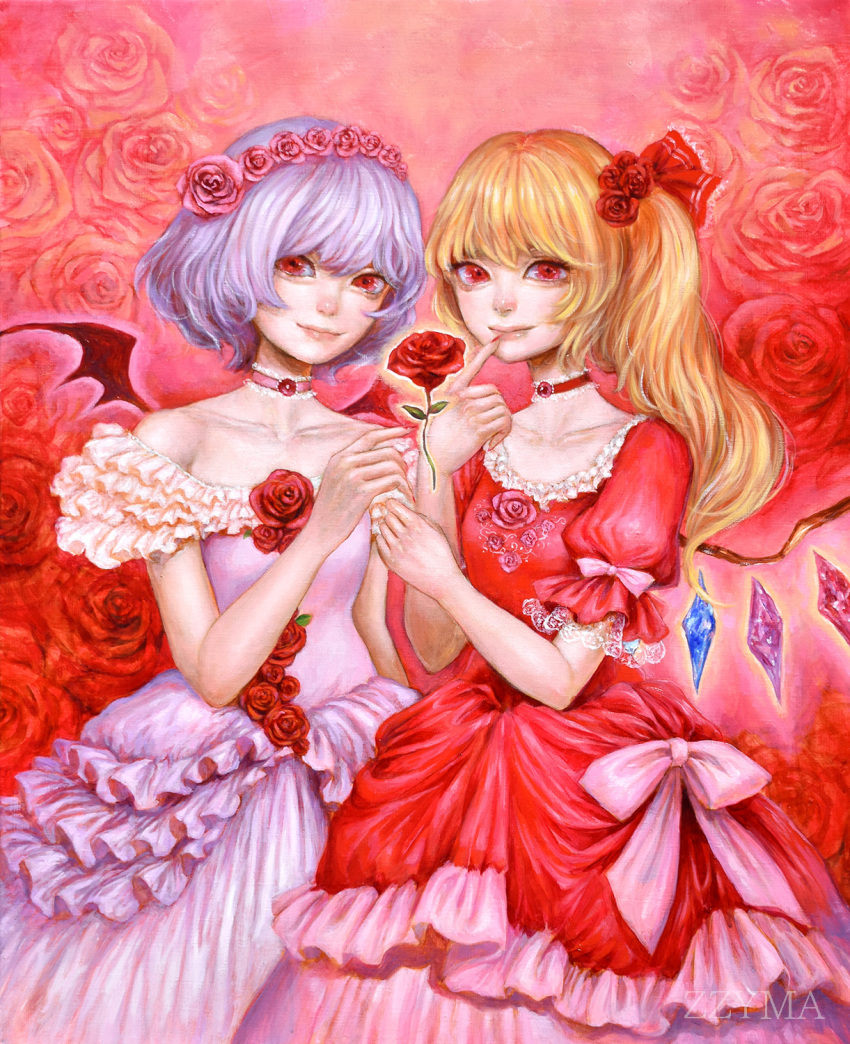 2girls adapted_costume dress eyebrows_hidden_by_hair flandre_scarlet flower hair_flower hair_ornament highres johnalay lips looking_at_viewer multiple_girls no_headwear nose nostrils one_side_up petals pink_dress pink_flower red_dress red_flower red_rose remilia_scarlet rose rose_petals siblings sisters smile thorns touhou