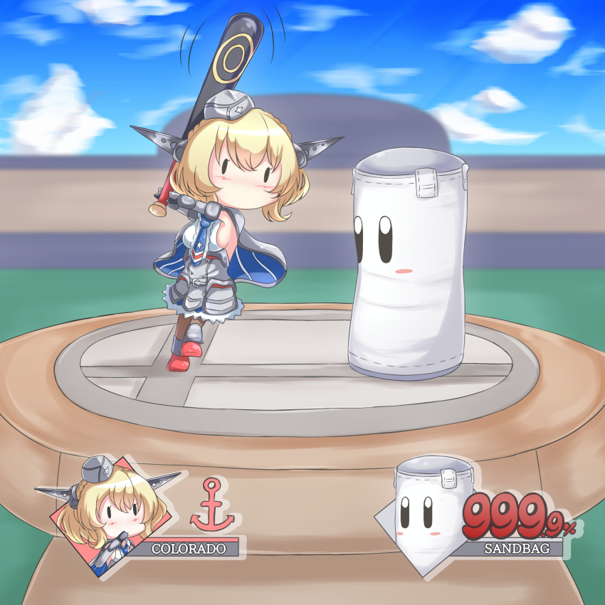 1girl arena bangs baseball_bat blonde_hair blue_capelet blush capelet colorado_(kancolle) crossover dress garrison_cap hair_ornament hat headgear highres kantai_collection necktie outdoors red_footwear riretsuto sandbag_(smash_bros) shirt short_hair skirt sky solid_eyes solid_oval_eyes super_smash_bros.