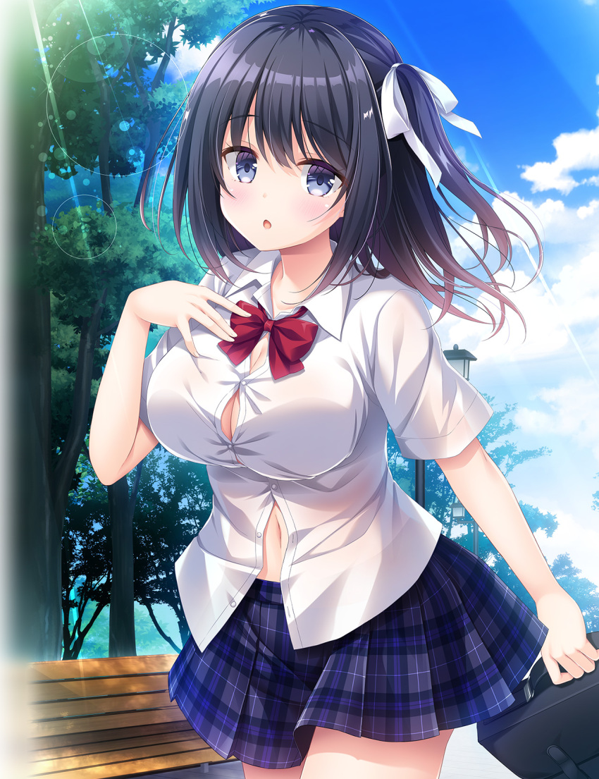 1girl :o bag bangs bench black_hair blue_skirt blue_sky breasts bursting_breasts cleavage collared_shirt dakikano day grey_eyes hair_ribbon highres kousaka_minamo kujou_danbo lamppost lens_flare long_hair looking_at_viewer navel no_bra official_art open_mouth outdoors park_bench plaid plaid_skirt pleated_skirt ribbon school_bag school_uniform shirt skirt sky solo standing tree unbuttoned unbuttoned_shirt white_shirt