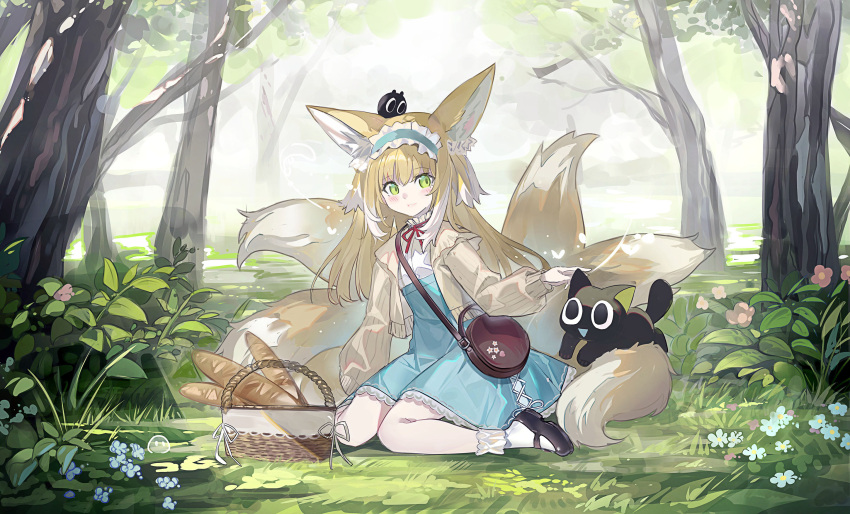 1girl animal_ears animal_on_head arknights basket black_cat blonde_hair cardigan cat cat_on_head commentary echj forest fox_ears fox_girl fox_tail frilled_hairband frills hair_down hairband heixiu highres kitsune kneeling kyuubi long_hair luoxiaohei multiple_tails nature neck_ribbon official_alternate_costume on_head revision ribbon sitting suzuran_(arknights) suzuran_(spring_praise)_(arknights) tail the_legend_of_luo_xiaohei wariza yellow_cardigan yellow_eyes