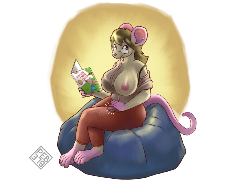 anthro areola barefoot bean_bag big_breasts blonde_hair blue_eyes book bra breasts clothing ear_piercing ear_stud eyewear feet female glasses hair if_you_give_a_mouse_a_cookie long_hair mammal mouse murid murine nipples one_breast_out patting_lap pebblemakes piercing rodent sitting smile solo underwear