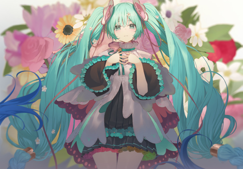 1girl aqua_eyes aqua_flower aqua_ribbon black_dress blue_hair blush braid closed_mouth commentary cowboy_shot dress expressionless eyebrows_hidden_by_hair floral_background flower flower_request gradient_hair hair_ornament hands_on_own_chest hands_up hatsune_miku layered_dress lily_(flower) long_hair long_sleeves looking_at_viewer low-tied_long_hair magical_mirai_(vocaloid) magical_mirai_miku magical_mirai_miku_(2021) multicolored_hair official_alternate_costume own_hands_together petunia_(flower) pink_flower ribbon rose solo sunflower symbol-only_commentary twintails very_long_hair vocaloid white_dress white_flower wide_sleeves yaoku yellow_flower