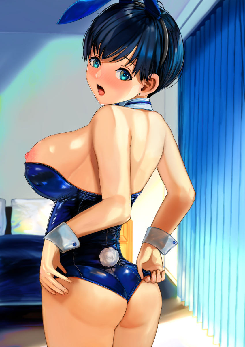 1girl adjusting_clothes adjusting_leotard animal_ears ass bangs banned_artist bare_shoulders bed black_hairband blue_hair blue_leotard blush breasts cowboy_shot curtains detached_collar earrings fake_animal_ears fake_tail from_behind green_eyes hairband highres indoors jewelry large_breasts leotard leotard_pull looking_at_viewer looking_back nipple_slip nipples open_mouth original playboy_bunny poko_(mammypoko) rabbit_ears rabbit_tail short_hair solo strapless strapless_leotard stud_earrings tail wrist_cuffs