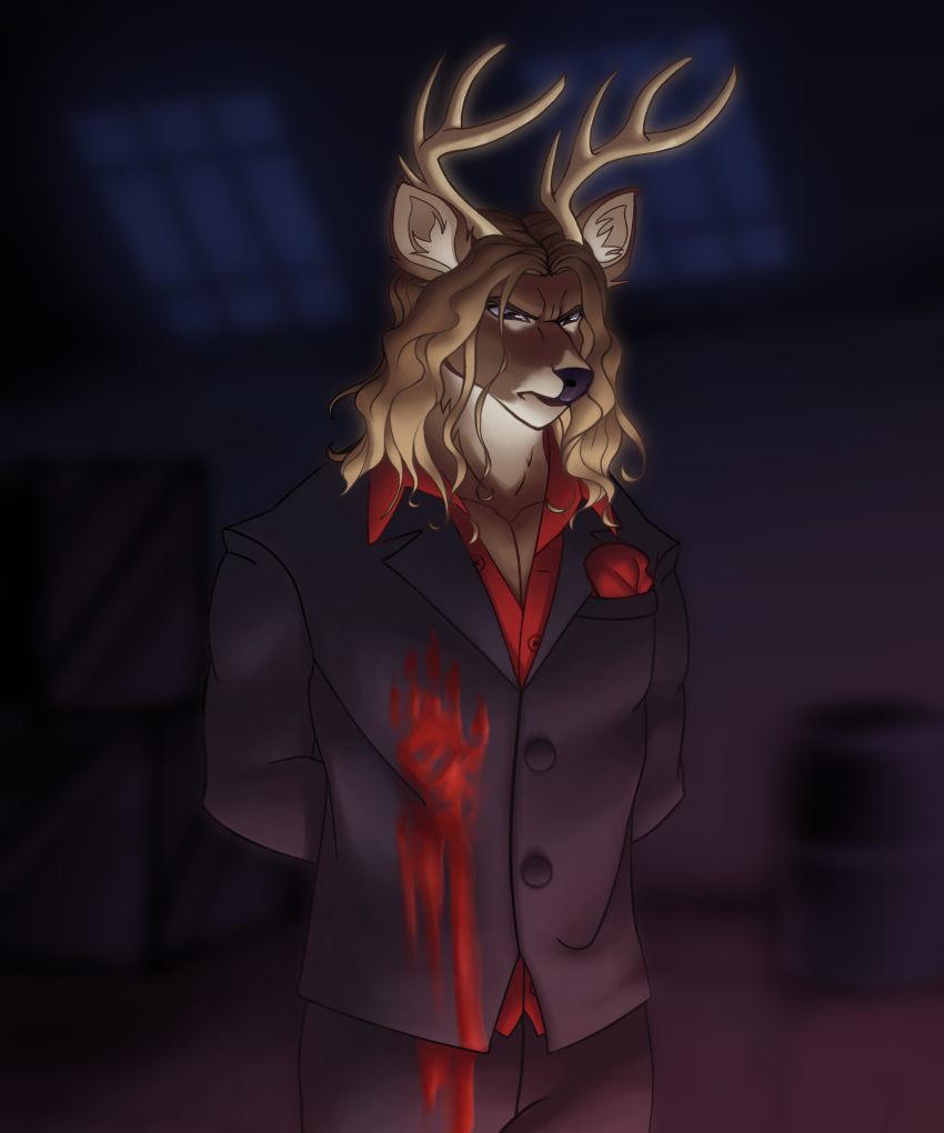 absurd_res alfredo_reyundo_(li'l_melon) angry anthro antlers blood blood_on_clothing bloody_hand_print bodily_fluids brown_body brown_fur cervid clothing flaviomodezto fur hair hands_behind_back hi_res horn inner_ear_fluff long_hair looking_down male mammal pocket_square solo strays_in_paradise suit tuft wavy_hair