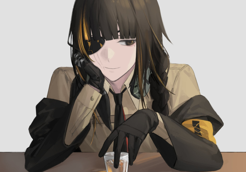 1girl alcohol bangs bar black_gloves black_hair black_jacket black_necktie blonde_hair blunt_bangs braid braided_ponytail brown_eyes closed_mouth commentary_request cup drinking_glass eyepatch girls'_frontline glass gloves gradient_hair hair_over_shoulder hand_on_own_cheek hand_on_own_face headphones headphones_around_neck headset highres holding holding_cup ice ice_cube jacket leaning leaning_to_the_side looking_to_the_side loose_necktie m16a1_(girls'_frontline) mik_blamike mole mole_under_eye multicolored_hair necktie off_shoulder shirt shot_glass side_braid side_ponytail sidelocks simple_background sitting smile streaked_hair whiskey white_background yellow_shirt