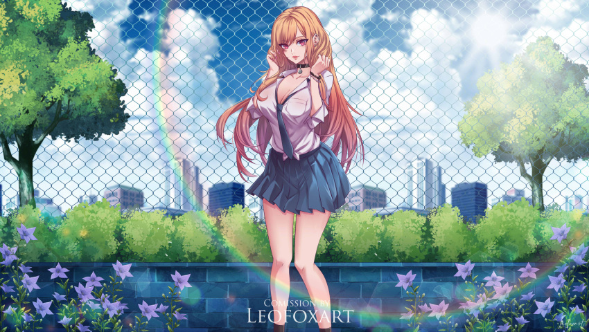 1girl absurdres bangs black_choker blonde_hair blue_skirt breast_squeeze breasts bush chain-link_fence choker city cityscape cleavage cloud cloudy_sky collar collared_shirt colored_tips commission day english_text fence fingernails flower gradient_hair hands_up highres holding holding_hair huge_breasts kitagawa_marin leofoxart long_hair looking_at_viewer multicolored_hair necktie outdoors parted_bangs parted_lips partially_unbuttoned pink_nails pleated_skirt purple_flower rainbow red_eyes school_uniform shirt sidelocks signature skirt sky sleeves_rolled_up socks solo sono_bisque_doll_wa_koi_wo_suru sun sunlight tied_shirt tree unbuttoned unbuttoned_shirt white_shirt wide_shot wristband