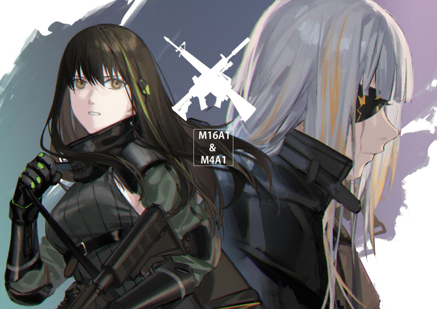 2girls assault_rifle background_text bag bangs black_bag black_cape black_coat black_hair black_straps blonde_hair brown_eyes cape carrying carrying_bag closed_mouth coat commentary_request elbow_pads eyepatch from_side girls'_frontline gradient_hair green_hair green_sweater grey_hair gun head_tilt headgear highres holding holding_gun holding_weapon leather_strap long_hair m16a1 m16a1_(girls'_frontline) m4_carbine m4a1_(girls'_frontline) mask mask_around_neck mechanical_arms mik_blamike mouth_mask multicolored_background multicolored_hair multiple_girls open_mouth rifle shoulder_bag sidelocks simple_background skeleton_print sleeveless sleeveless_sweater strap streaked_hair sweater tactical_clothes teardrop tears teeth weapon weapon_name white_background