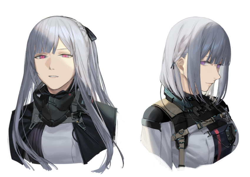 2girls ak-12_(girls'_frontline) bangs black_bow blunt_bangs bow cape closed_mouth commentary_request girls'_frontline grey_hair hair_bow hair_over_shoulder head_tilt headset highres long_hair looking_at_viewer mask mask_around_neck medium_hair mik_blamike mouth_mask multiple_girls open_mouth parted_bangs parted_lips pink_eyes purple_eyes rpk-16_(girls'_frontline) sidelocks simple_background staring tactical_clothes teeth white_background