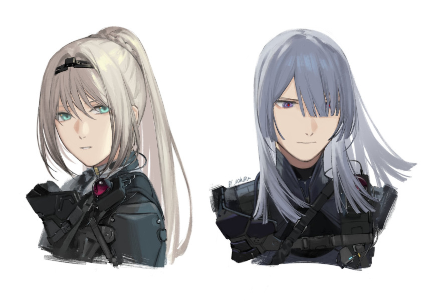 2girls ak-15_(girls'_frontline) an-94_(girls'_frontline) aqua_eyes bangs blonde_hair closed_mouth exoskeleton from_side girls'_frontline grey_hair hair_over_one_eye head_tilt headgear highres long_hair looking_at_viewer looking_to_the_side mask mask_around_neck mik_blamike multiple_girls open_mouth parted_bangs parted_lips ponytail purple_eyes radio sidelocks signature simple_background tactical_clothes teeth very_long_hair white_background