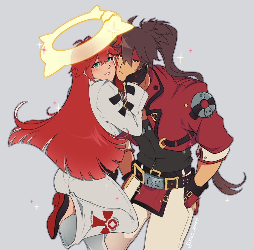 1boy 1girl absurdres ass bell-bottoms bodysuit broken_halo brown_hair cheek-to-cheek couple gloves guilty_gear guilty_gear_strive halo hands_in_pockets heads_together highres jack-o'_valentine kyle_kiske leaning_forward looking_at_viewer ponytail red_hair smile sol_badguy white_bodysuit