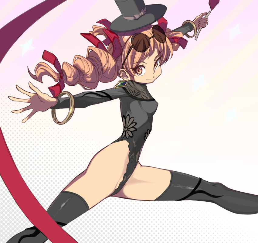 1girl alternate_costume black_pantyhose bow breasts drill_hair eyewear_on_head hat hat_bow leotard orange_eyes pantyhose shope small_breasts solo sunglasses top_hat touhou twin_drills yorigami_jo'on