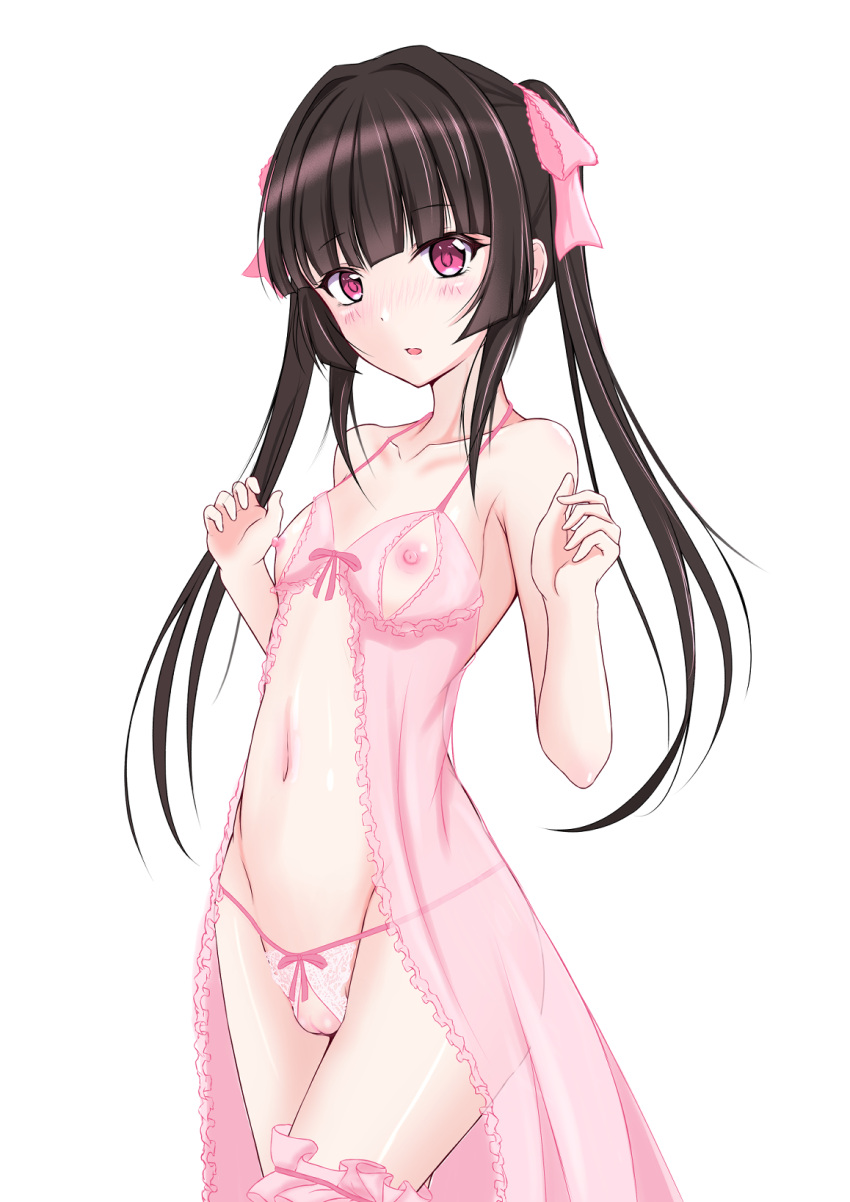 1girl bangs black_hair blunt_bangs blush bow bow_panties breasts bridal_garter cameltoe collarbone eyelashes frilled_nightgown hair_ribbon hands_up highres kirakiriya lingerie long_hair looking_at_viewer navel nightgown nipple_cutout nippleless_clothes nipples open_clothes open_mouth panties pink_eyes pink_nightgown pink_panties pink_ribbon ribbon senki_zesshou_symphogear simple_background small_breasts solo stomach string_panties thighs tsukuyomi_shirabe twintails underwear white_background
