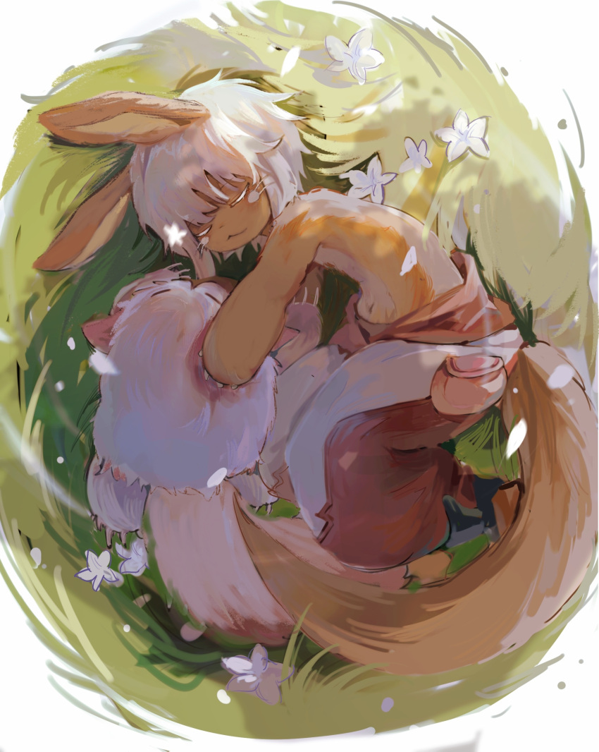 1other :3 androgynous animal_ears bangs blunt_bangs body_fur brown_fur closed_eyes colored_eyelashes creature flower from_above full_body furry grass han_shanye_li highres holding holding_creature lying made_in_abyss mitty_(made_in_abyss) nanachi_(made_in_abyss) on_grass on_side outdoors pants pouch rabbit_ears red_pants short_hair sleeping solo tail whiskers white_flower white_hair