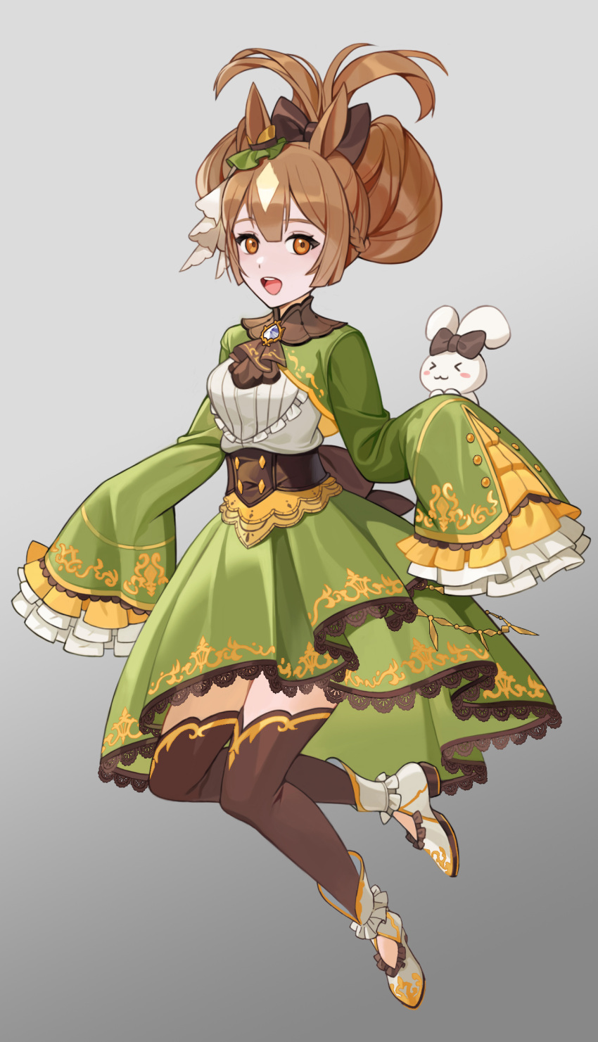 1girl animal_ears boots borrowed_hairstyle breasts brown_eyes brown_hair brown_thighhighs cinnamiku cinnamoroll commentary_request crossover frilled_shirt frilled_sleeves frills full_body gradient gradient_background green_skirt grey_background highres horse_ears long_sleeves medium_breasts multicolored_hair naeng_chim pleated_skirt sanrio satono_diamond_(umamusume) shirt shrug_(clothing) skirt sleeves_past_fingers sleeves_past_wrists thighhighs thighhighs_under_boots two-tone_hair umamusume white_footwear white_hair white_shirt