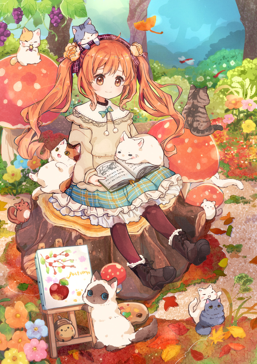 1girl absurdres acorn animal animal_on_head animal_on_lap autumn autumn_leaves bangs blush book boots bow brown_cat bug bush calico canvas_(object) cat cat_on_head cat_on_lap chipmunk collared_shirt dragonfly easel flower food forest frilled_shirt_collar frilled_skirt frills fruit fur-trimmed_boots fur_trim giant_mushroom grape_vine grapes grey_cat hacosumi hair_flower hair_ornament hairband highres holding holding_book kitten long_hair mouse mushroom nature on_head on_lap orange_eyes orange_hair original outdoors painting_(object) palette_(object) pantyhose plaid plaid_hairband plaid_skirt pom_pom_(clothes) reading shirt siamese_cat sitting sitting_on_tree_stump skirt smile solo squirrel too_many too_many_cats tree tree_stump twintails very_long_hair white_cat