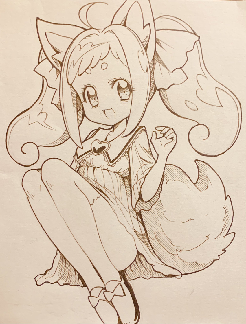 1girl ahoge animal_ears commentary_request copyright_request delicious_party_precure highres kome-kome_(precure) legs looking_at_viewer magical_girl medium_hair mitsuba-sama_(milkba-ng) monochrome open_mouth precure shoes sidelocks solo tail traditional_media twintails