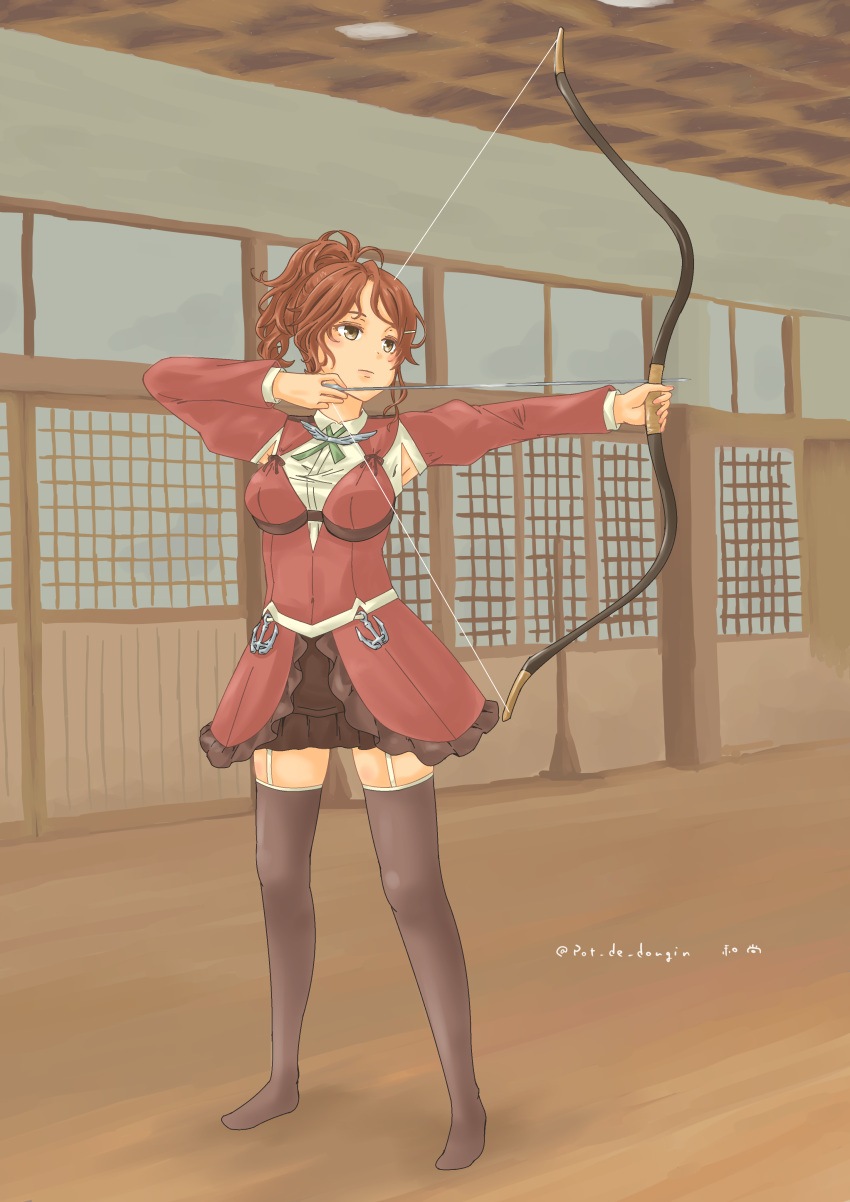 1girl absurdres aquila_(kancolle) archery armpit_cutout arrow_(projectile) black_skirt black_thighhighs bow_(weapon) clothing_cutout collared_shirt drawing_bow full_body garter_straps green_ribbon hair_ornament hairclip high_ponytail highres holding holding_arrow holding_bow_(weapon) holding_weapon jacket kantai_collection long_hair miniskirt orange_hair pot-de red_jacket ribbon shirt skirt solo thighhighs wavy_hair weapon white_shirt yellow_eyes