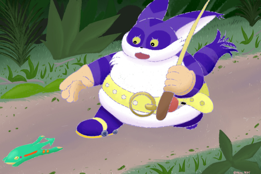 3:2 amphibian anthro belt big_the_cat clothing digital_media_(artwork) domestic_cat duo eulipotyphlan felid feline felis feral fishing_rod footwear frog froggy_(sonic) fur fur_markings gloves grass green_body handwear horizontal_pupils jungle leaf lunarpanda8686 male mammal markings overweight plant pupils purple_body purple_fur purple_line_art sega shoes sonic_the_hedgehog_(series) sticks yellow_eyes