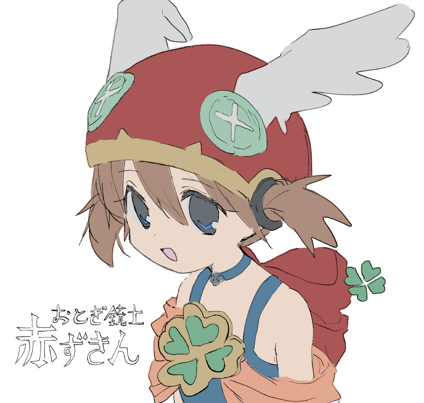 1girl akazukin_(otogi-juushi_akazukin) backpack bag bangs blue_eyes brown_hair buttons choker clover clover_ornament four-leaf_clover hair_ornament hano_luno helmet highres open_mouth otogi-juushi_akazukin scarf short_hair sketch smile solo tank_top translation_request twintails winged_helmet