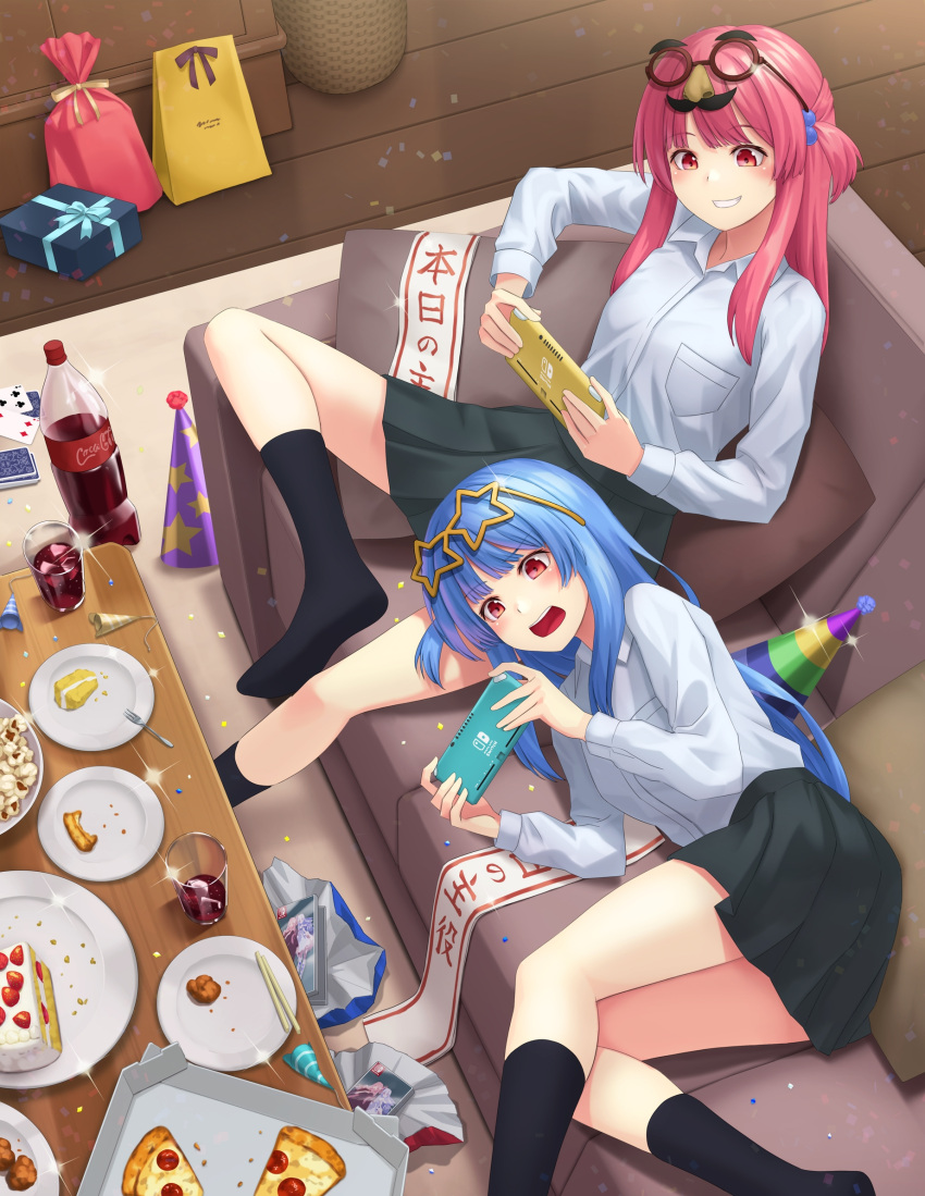 2girls :d bangs black_skirt black_socks blue_hair box breast_pocket brown-framed_eyewear cake card carpet chopsticks coca-cola collared_shirt confetti couch crumbs cup drink food fork from_above funny_glasses gift gift_box glasses glint grin hair_bobbles hair_ornament handheld_game_console hat highres holding holding_handheld_game_console indoors kneehighs kotonoha_akane kotonoha_aoi kurione_(zassou) long_hair long_sleeves lying miniskirt multiple_girls nintendo_switch on_couch on_side one_side_up party_hat party_popper pillow pink_eyes pink_hair pizza pizza_box plate playing_card playing_games pleated_skirt pocket popcorn shirt siblings sidelocks sisters sitting skirt smile socks soda soda_bottle sparkle star-shaped_eyewear table teeth voiceroid white_shirt wooden_floor wooden_table yellow-framed_eyewear