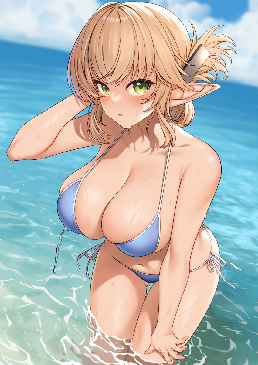 1girl absurdres aegis_(takunomi) armpit_crease ass_visible_through_thighs bangs bare_arms bare_shoulders bikini blonde_hair blue_bikini blue_sky breasts cleavage cloud cowboy_shot day dutch_angle elf enjo_kouhai folded_ponytail green_eyes hair_ornament hairclip halterneck hand_on_own_head hand_on_own_thigh hand_up highres horizon large_breasts leaning_forward looking_at_viewer navel ocean outdoors parted_lips pointy_ears ponytail side-tie_bikini_bottom sidelocks skindentation sky solo standing stomach string_bikini swimsuit takunomi thigh_gap thighs wading water wet wet_clothes wet_swimsuit