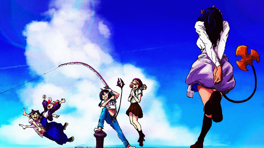 5girls 774_inc. animare arms_behind_back bangs beret black_hair black_socks blue_hair blue_pants blue_skirt blue_sky brown_footwear brown_skirt clothes_around_waist cloud commentary_request demon_horns demon_tail falling fishing fishing_line fishing_rod full_body glasses hat highres hironoshin_110 hiyoku_no_crosspiece holding holding_fishing_rod honey_strap horns jacket jacket_around_waist jumping kisaki_anko long_hair long_skirt looking_at_another midriff miniskirt multicolored_hair multiple_girls navel open_mouth oura_rukako pants pier pink_hair pink_jacket purple_jacket shimamura_charlotte shirt shishio_chris shoes skirt sky smile socks sugar_lyric tail touri_sei two-tone_hair ultimate_fishing_simulator v_ap_art virtual_youtuber white_shirt