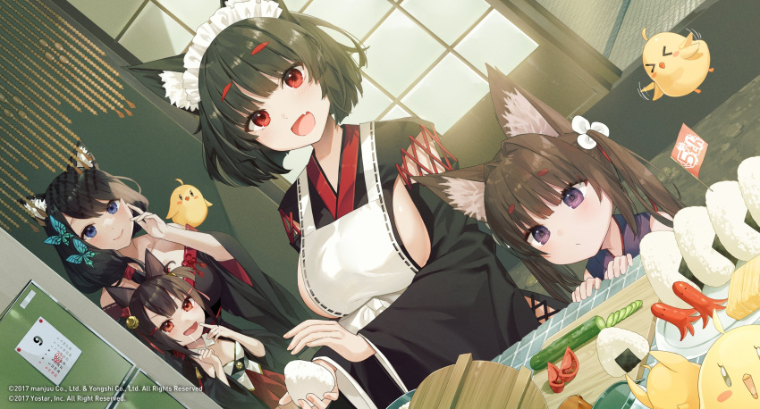 &gt;_&lt; 4girls akagi-chan_(azur_lane) amagi-chan_(azur_lane) animal_ears apron azur_lane bare_shoulders bekotarou black_hair black_kimono blue_eyes breasts brown_hair calendar_(object) cooking dutch_angle fang food fusou_(azur_lane) highres holding holding_food indoors japanese_clothes kimono maid_headdress manjuu_(azur_lane) miniskirt multiple_girls official_art onigiri open_mouth pleated_skirt purple_eyes red_eyes red_skirt short_hair sideboob skin_fang skirt white_apron yamashiro_(azur_lane) yamashiro_(sales_clerk_offensive?!)_(azur_lane)