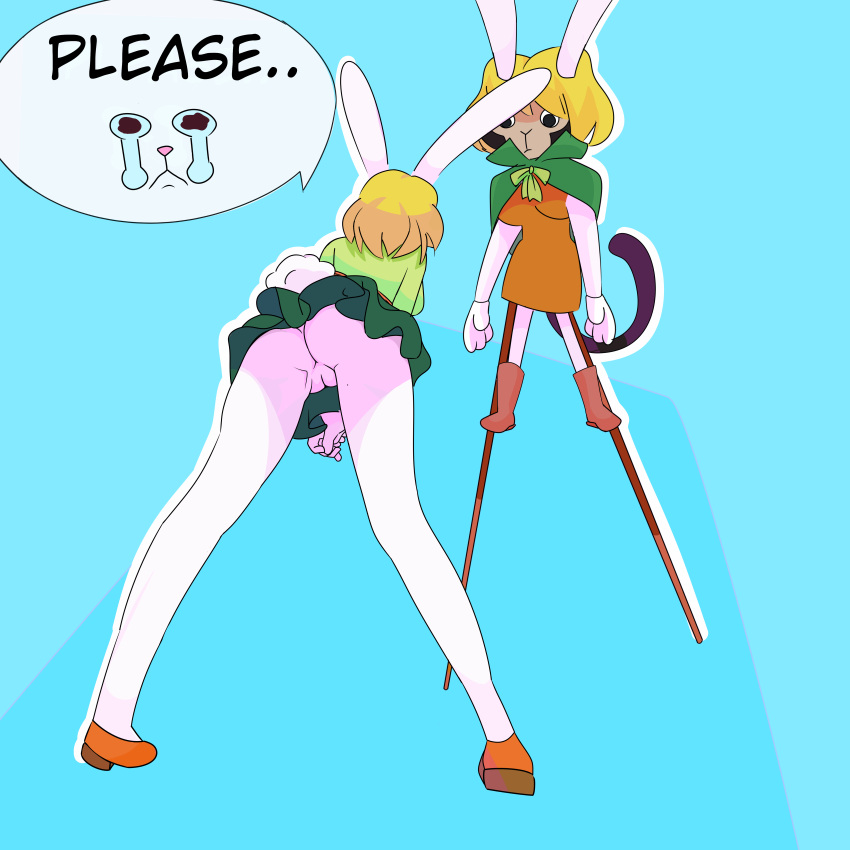 absurd_res anthro black_clothing black_panties black_underwear bottomless bottomwear butt carrot_(one_piece) clothed clothing costume deepfur female fur genitals green_clothing green_panties green_underwear haplorhine hi_res lagomorph leporid low-angle_view male male/female mammal monkey one_piece panties primate pussy rabbit rear_view skirt solo underwear white_body white_fur