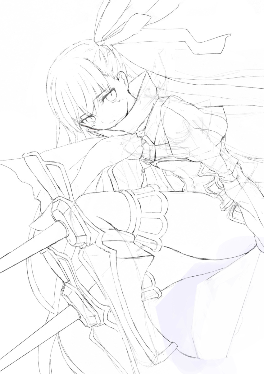 1girl asagi_(kabocha_oukoku) bangs belt closed_mouth dutch_angle fate/extra fate/extra_ccc fate_(series) full_body hair_ribbon highres long_hair long_sleeves looking_at_viewer meltryllis_(fate) monochrome prosthesis prosthetic_leg ribbon sketch solo very_long_hair white_background