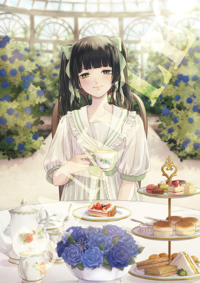 1girl absurdres bangs black_hair blue_flower blue_rose blunt_bangs bow cake chair commission conservatory creamer_(vessel) cup dress flower food fork fruit green_bow green_eyes hair_bow highres holding holding_cup jam long_hair looking_at_viewer macaron original plate puffy_short_sleeves puffy_sleeves rose rose_bush sailor_dress sample_watermark sandwich scone short_sleeves sitting smile solo straight-on strawberry sugar_bowl table tart_(food) teacup teapot tiered_tray twintails upper_body white_dress yoi_(207342)